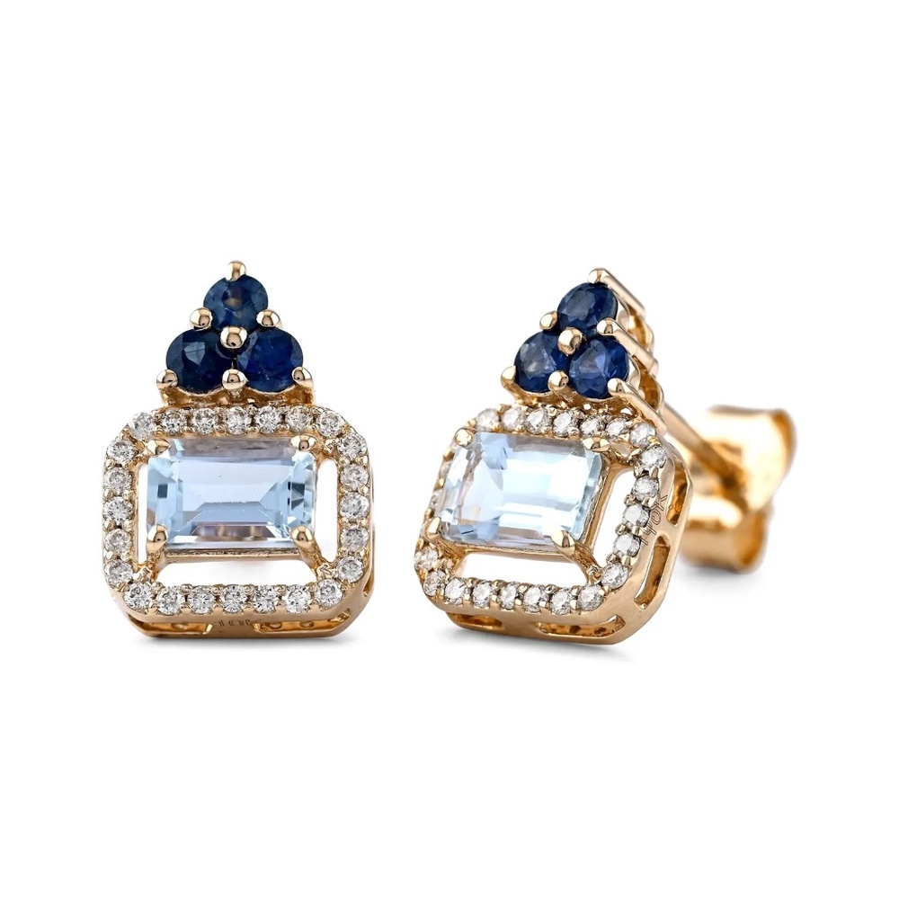 💎Genuine Aquamarine & Sapphire diamond Stud Earrings (Sushila Jewelry)
